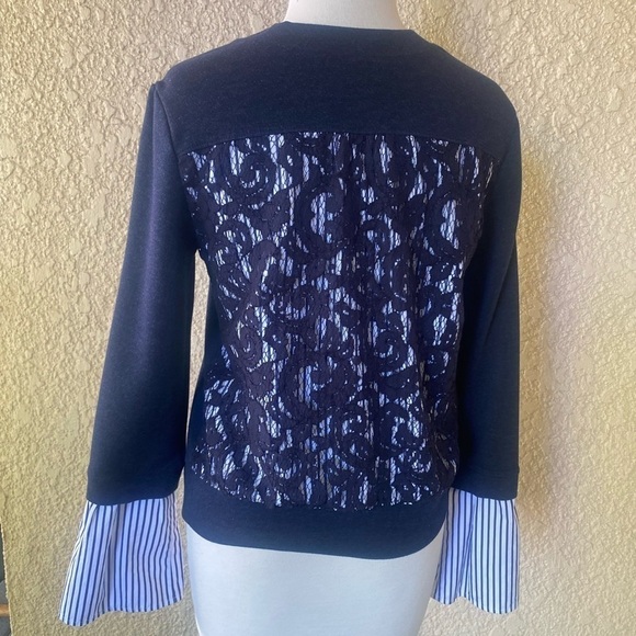 Nordstrom Signature Navy Blue Sweater With White and Blue Striped Bell Sleeve XS - Picture 2 of 12